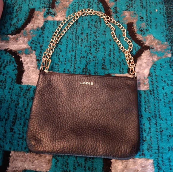 Lodis Black Pebble Leather Chain Strap Convertible Wristlet Purse - Picture 2 of 7